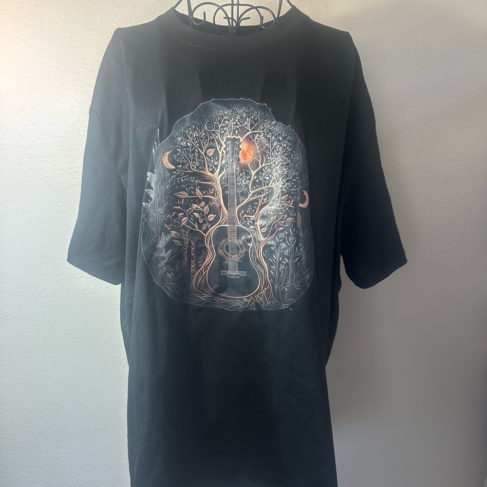 Black Graphic T-Shirt with Guitar and Tree Design
